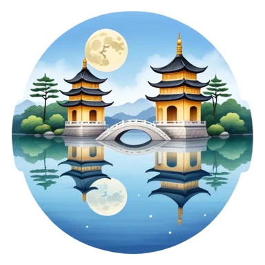 Three Pools Mirroring the Moon, West Lake Hangzhou, simplified emoji style, three small pagodas on water with moon reflection, cute cartoon style sticker
