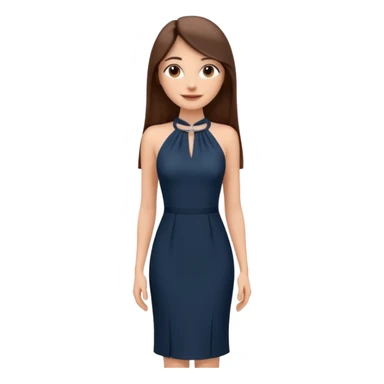 emoji-style illustration of a stylish pretty happpy woman with long straight brown hair, wearing a dark halter neck dress, elegant and minimalistic look, front-facing, soft 3D cartoon rendering, plain background sticker