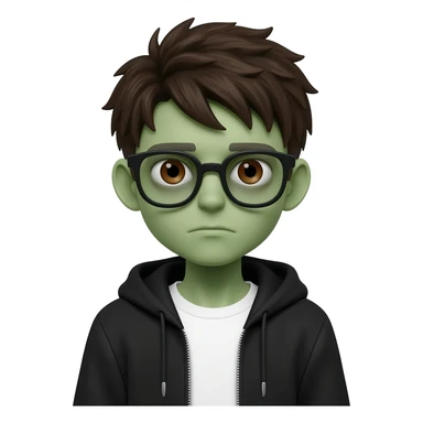 zombie boy with white tshirt and black brownish hair and with black glasses frames on hair is texturized young boy and round face more green face and dark brown eyes black y2k hoodie with the white t-shirt under it sticker