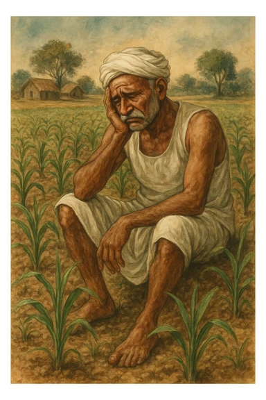 An Indian farmer in a white dhoti, sitting with a sad expression in a crop field, rustic rural scene, detailed art. sticker
