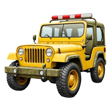 yellow military jeep, with protection, with red tuning symbols sticker