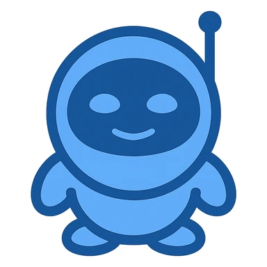 Create a minimalistic, flat blue icon of the robot character from Main Assembly, consistent with previous icons. Use almost exclusively shades of blue, with a fully transparent background. The robot should be simplified and stylized, with a round blue body and digital face, clean and simple lines, minimal use of other colors, and prioritize clarity and recognizability. sticker
