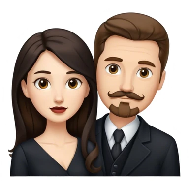 tall white man with brown hair goatee mustache embracing a pale woman with long black hair, wearing elegant clothing, standing portrait sticker