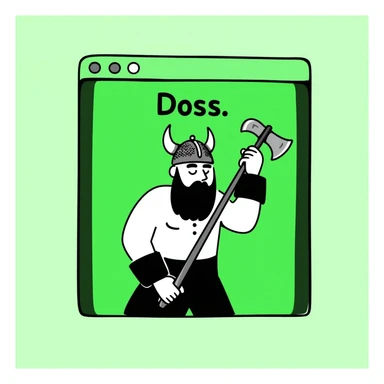 Black and green MS-DOS style window with the prompt 'Doss', containing a bearded viking in ASCII art inside the window sticker