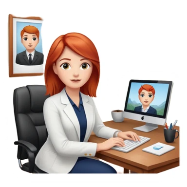 “Red-haired therapist on a video call, sitting in a calm home office, looking at the webcam, client visible on screen, professional yet warm atmosphere, realistic style.” sticker
