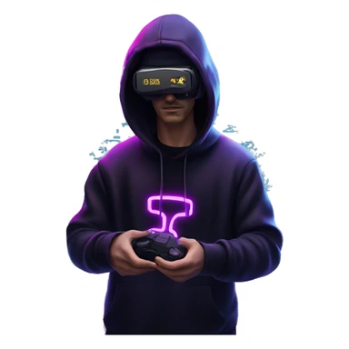 Russian man wearing a black hoodie with "OMG" letters on it and VR headset in a cyberpunk VR environment with violet neon lighting. sticker