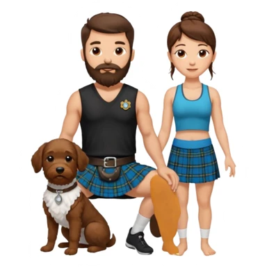 emoji of brunette man with beard wearing kilt, brunette woman in yoga outfit and white cockapoo dog sticker