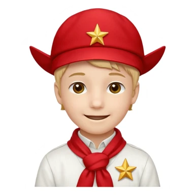 A Soviet pioneer emoji — smiling young boy wearing a bright red tie (pioneer neckerchief) and a red pilotka cap with a small gold star badge. White shirt, neat and cheerful, minimal flat emoji style, simple colors, clear outlines, professional emoji design. sticker