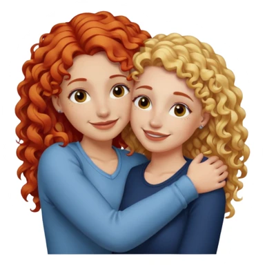 A woman with straight, blonde hair and a nose piercing and a woman with curly red hair and a nose piercing are hugging and smiling together. sticker