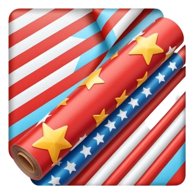 long cylindrical roll of glossy wrapping paper, partially unrolled, colorful pattern with stars, stripes, festive motifs, smooth reflective finish, crisp edges, visible cardboard tube at center, no scissors tape or ribbon, apple emoji style, soft lighting, subtle shadows, emoji scale sticker