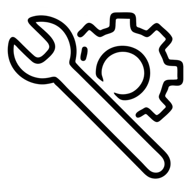 minimalist icon of machine maintenance, black lines only, a tool and a gear sticker