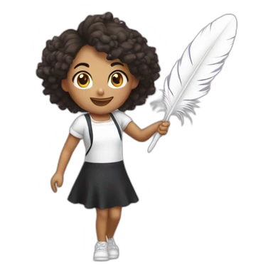 a girl in a white T-shirt and a black apron dances with a feather depilator sticker