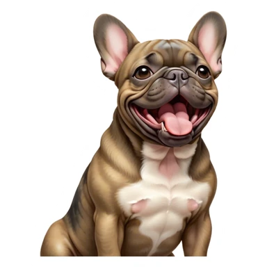 Cinematic Cute Yawning Brindle French Bulldog Portrait Emoji, Head tilted slightly with a dramatic, wide-open yawn, showcasing a sleek brindle coat with subtle fawn highlights, floppy ears slightly drooping, round dark eyes barely open in drowsy contentment, Simplified yet irresistibly adorable features, highly detailed, glowing with a soft, cozy glow, high shine, relaxed yet expressive, stylized with a touch of whimsy, bright and endearing, soft glowing outline, capturing the essence of a sleepy yet affectionate companion, so drowsy it feels like it could stretch out of the screen and curl up for a nap! sticker