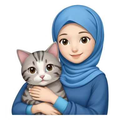 Asian white girl wearing blue hijab with dress holding a black grey tabby cat while smiling sticker