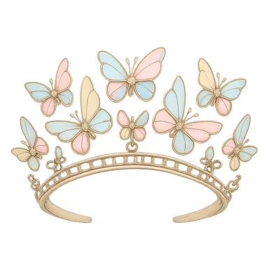 butterfly crown with a pastel rainbow base, butterflies in soft pastel enamel, sparkling gems, transparent background sticker