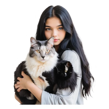Beautiful girl with long black hair hugs a gray and blond mixed breed cat sticker