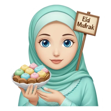 Turkish beautiful finish Konya girl blue eyes with mint hijab islamic dress and had on her hand text Eid Mubarak with sweets and celebrating with her friends eid days   sticker
