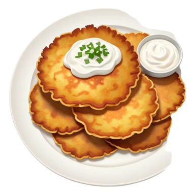 Cinematic Realistic Placki Ziemniaczane Dish Emoji, depicted as crispy potato pancakes served with sour cream rendered with vivid textures and warm, appetizing lighting. sticker
