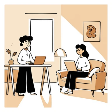 escenary 3d of a cozy mid-century living room with two people working on laptops, one man standing at a desk and one woman sitting on a couch, warm tones, two walls and floor visible sticker