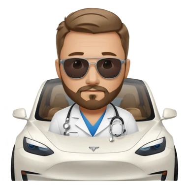 White tesla model 3 and one cool physician with dark blond hair, beard, stetoscope and dark sunglasses next to it sticker