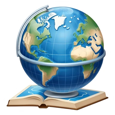 an icon featuring an earth with attitude and longitude lines, a textbook, and a topographic map, symbolizing geography as a science. The design includes a compass, mountain ranges, and rivers, representing the study of Earth's features and landscapes. Transparent background highlights geography. sticker