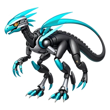Shiny Futuristic Celestial Glossy-Metallic-Alloy Cyborg-Fakemon-Pokemon-Digimon-Spectrobes-Raptor-fusion, full body, four legs, black body, cyan accents, scales sticker