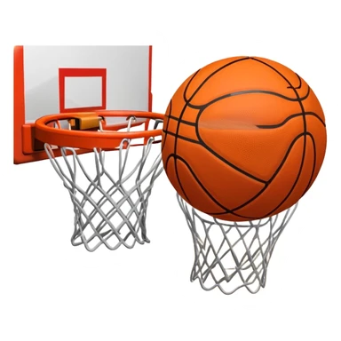A close-up shot of a basketball entering the hoop, with the ball swishing through and inside  the basket. The background features a blurred basketball court, emphasizing the perfect shot and the excitement of the game. sticker