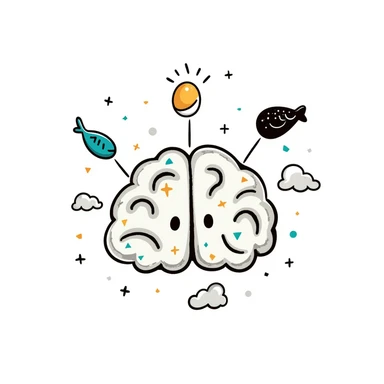 A crystalline brain with pieces of blue fish, egg yolk and fermented soy floating in a spiral around it. Thin light beams connect these foods to bright points on the brain, dissipating mental fog and creating clarity. sticker