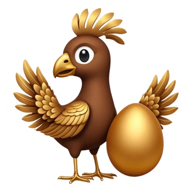 A 3D cartoon Sankofa bird with its head gracefully turned backward holding a golden egg in its beak, symbolizing learning from the past, single bird in frame, gold and brown tones, clean black background, Memoji-style rendering sticker