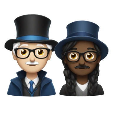 man with white skin, black longer and straight hair, mustache, glasses, with a magic hat, ravenclaw sticker