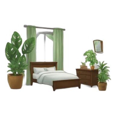 a men bedroom with an mirror and a plant sticker