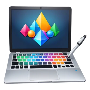 Professional icon for Graphic Design: a laptop with Photoshop open on the screen, displaying geometric shapes like spheres, cubes, and pyramids, along with a stylus. The icon should reflect the creative process in graphic design. Transparent background. sticker