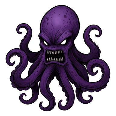 Remove the nose, make the octopus look scary, keep the purple color, with no background. Maintain the original style and details of the octopus while making it look scary and purple. sticker
