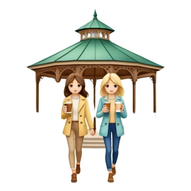  Girls walking with coffee by gazebo in spring  sticker