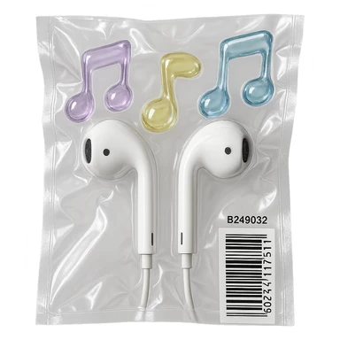 pair of white EarPods with three floating glass music notes in pastel colors, shiny and puffy, vacuum-sealed style sticker