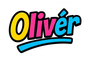 The name 'Olivér' in a modern, colorful gradient font with a dark outline, dynamic, slanted or partial underline, in the style of reference patterns. sticker