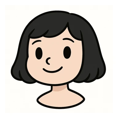 cute girl with pale skin, black bob haircut, cartoon features, big simple eyes, simple smile, minimal details, Telegram sticker style, head only without neck, white background sticker