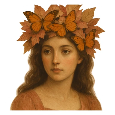 Change the butterfly crown to antique pink with orange butterflies and autumn leaves, vintage and warm. Keep the background transparent. sticker