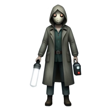 An icon depicting a dark, foggy street with eerie, abandoned buildings, inspired by Silent Hill 2. The design features a mysterious figure holding a flashlight, casting long shadows. A chilling atmosphere is created by dim lighting and unsettling details. Transparent background. sticker
