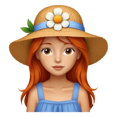 girl, freckles, wearing_summer_hat, white flower on hat, red orrange long hair, blue dress sticker