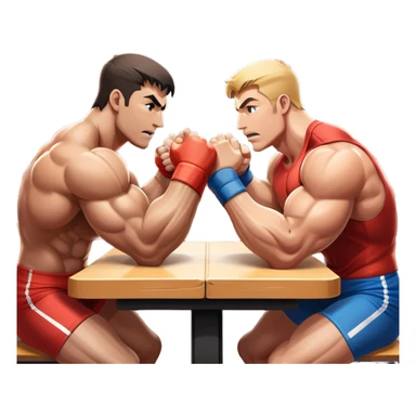 Two strong competitors locked in an intense arm wrestling match, muscles tensed as they battle for victory. The table is well-lit, showcasing their focused expressions and powerful arm grips. The background features a competitive arena with a cheering crowd. Transparent background. sticker