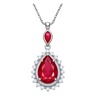 teardrop ruby pendant on silver chain, surrounded by white stones and radiant aura sticker