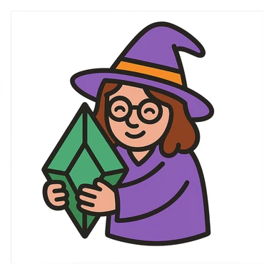 witch with brown hair and glasses hugging a Plumbob, color outline icon style, playful and friendly sticker