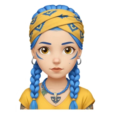 blue braided hair with yellow head bandana and lots of face tattoo girl sticker
