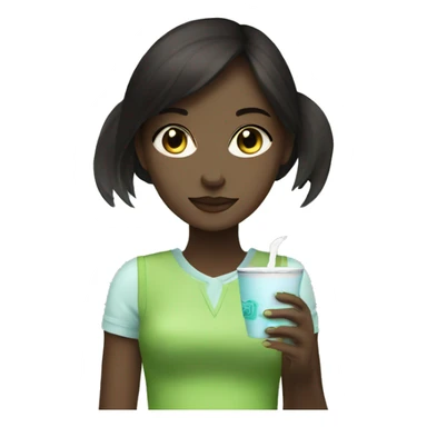 dark brunette girl with bright blue eyes drinking a light green matcha tea sticker