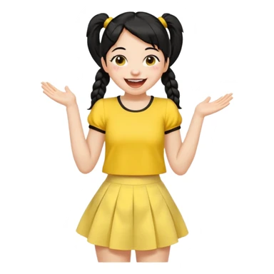 Cewe Ceria Kulit putih cerah, rambut hitam dikuncir dua (pigtail) atau ponytail tinggi. Pakai sabrina kuning terang + rok putih. Lagi ketawa lepas sticker