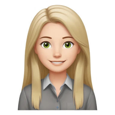 confident CEO named Freya McOmish, smiling, hazel green eyes, straight long hair with a middle part, subtle freckles, modern business style, broad shoulders, wearing a shirt with no collar sticker