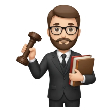 Create a male lawyer. he is wearing a fromal suit jckeret. He is holding a gavel in one hand and a book tucked under his another arm. He has beard and glasses sticker