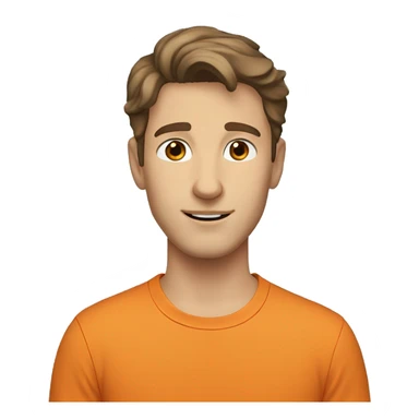 young caucasian man with brown eyes and  brown hair wavy. orange shirt.  sticker