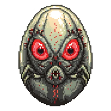 a strange large transparent alien egg, floating inside with a visible creature inside, embryonic, fetal shape creature, 3 glowing red eyes, illuminated from above sticker